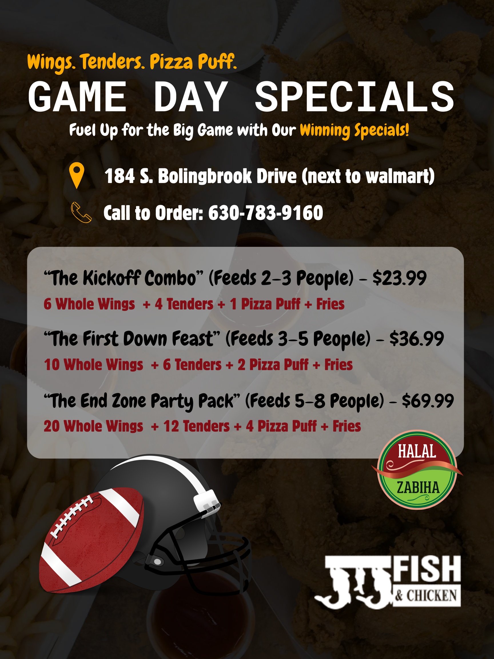 Football season game day specials menu featuring family packs of halal fried chicken wings, fish, and combo platters at JJ Fish & Chicken